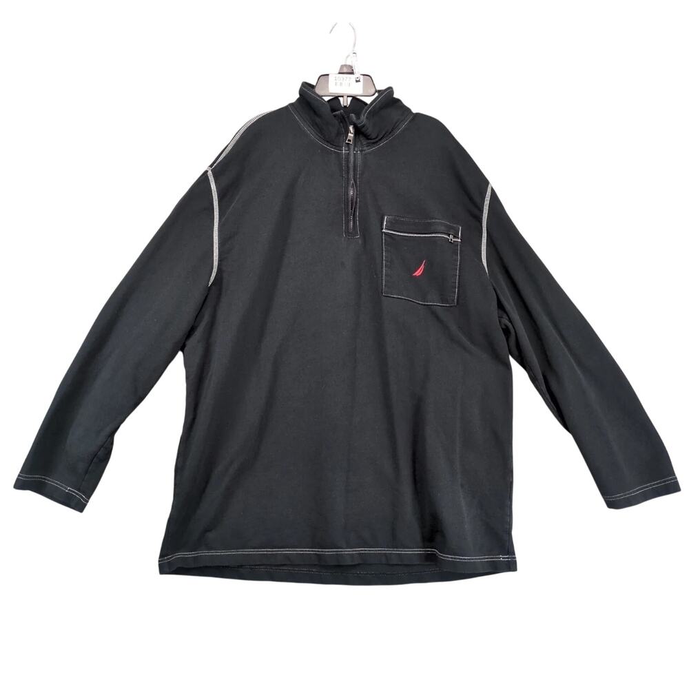 Vtg Nautica Pullover 1/4 Zip Sweatshirt Mens XXL Black White Stitching Mock Neck